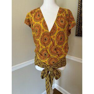 Maeve Anthropologie Womens Size S Yellow Printed Faux Wrap Blouse Boho